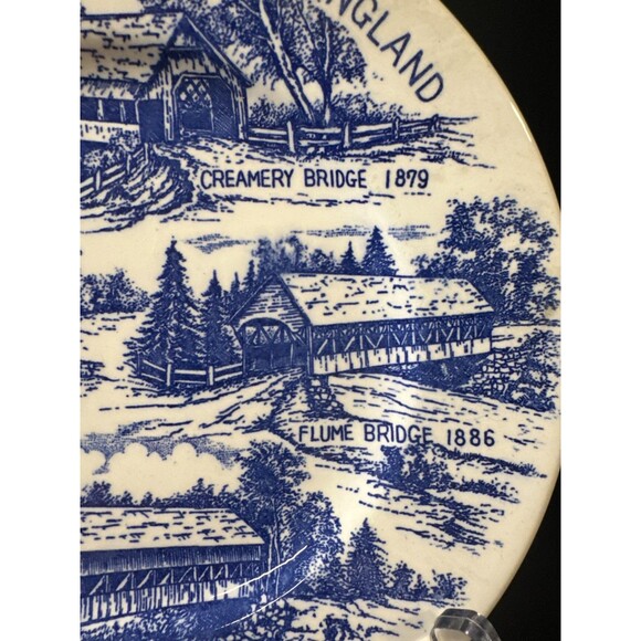 Vintage Covered Bridges of New England Blue & White Souvenir Plate 7.25" - Picture 3 of 6